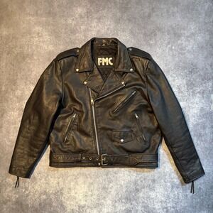 VTG FMC Mens Black Leather Biker Jacket Size 48 Belted Motorcycle Coat